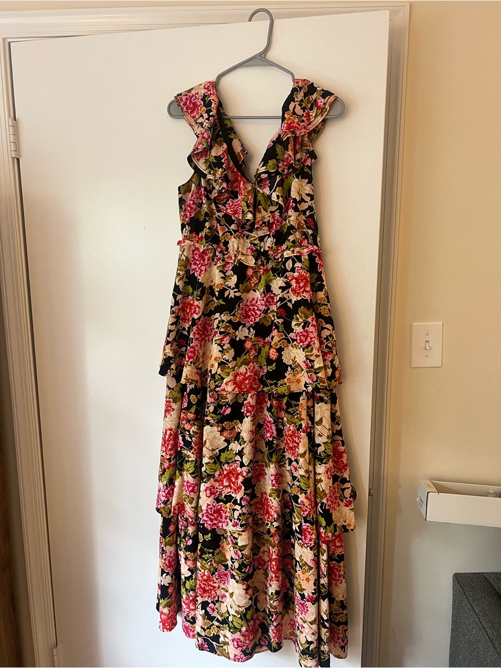 Chelsea28 Black Floral Ruffle Tiered Maxi Dress with Pink & Cream Flowers